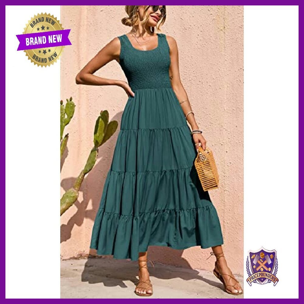 Smocked Tank Maxi Dress Tiered Long Sleeveless Spring Beach Casual - Picture 6 of 8
